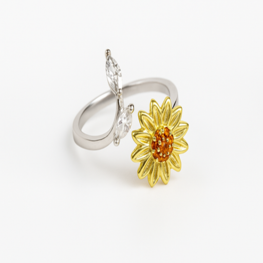 Silver Sunflower & Bee Adjustable Spinner Ring